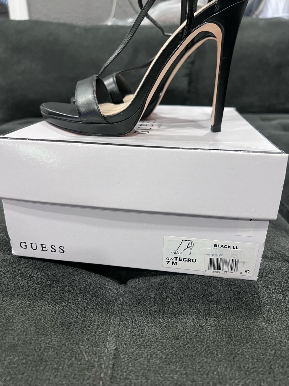 GUESS Black Strappy High Heel Sandals with Gold Accent